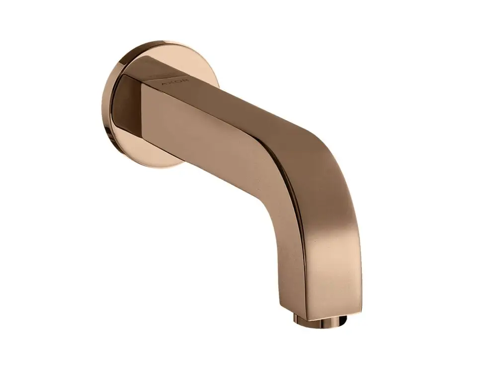 Wannenwasserhahn in geometrischem Design von AXOR in einer polierten rotgoldenen Oberfläche, montiert auf einer runden Wandbasis.